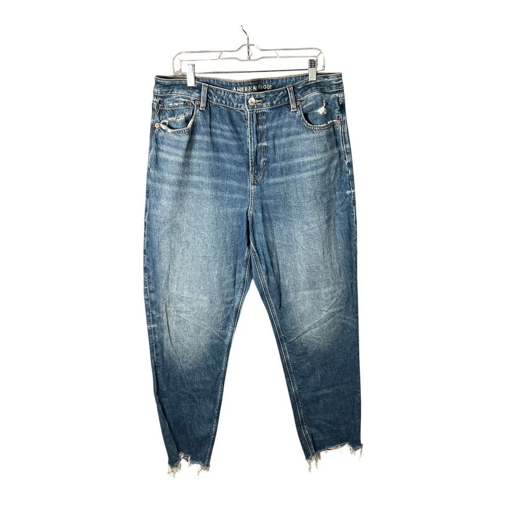 American Eagle Mom Jeans Womens Sz 16 Distressed Raw Hem High Rise Denim